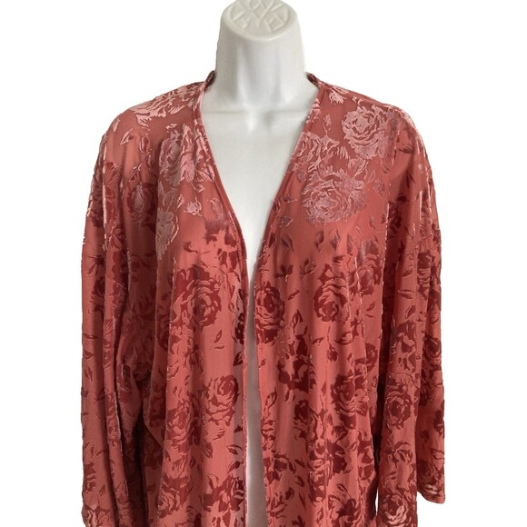 Thyme & Honey Open Front Cardigan Size L Pink Floral Sheer Velour Bell Sleeves - Picture 3 of 10
